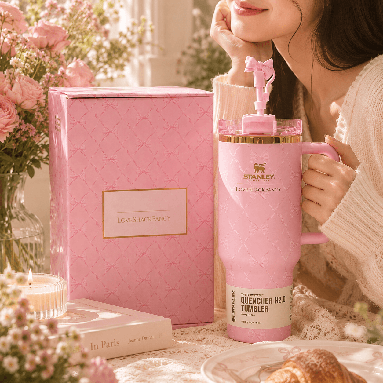 Stanley x LoveShackFancy Pink Bow 40oz Insulated Tumbler Gift Set with matching pink gift box and bow straw topper - View 8 | Clistos