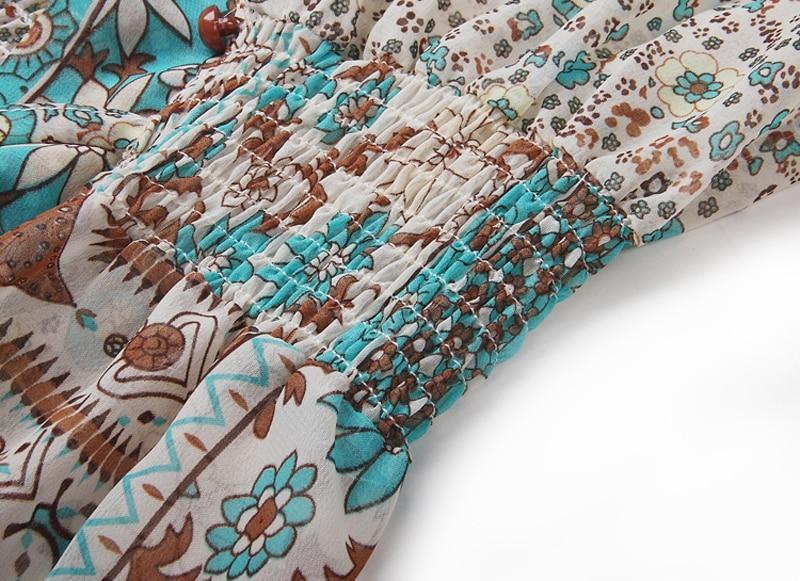 Close-up of the smocked waist of a beige and teal paisley and floral print dress.