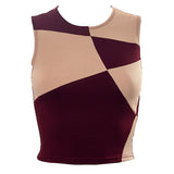 A maroon and beige geometric print cropped top with a ribbed texture.