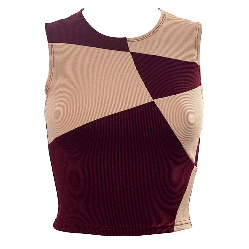 A maroon and beige geometric print cropped top with a ribbed texture.