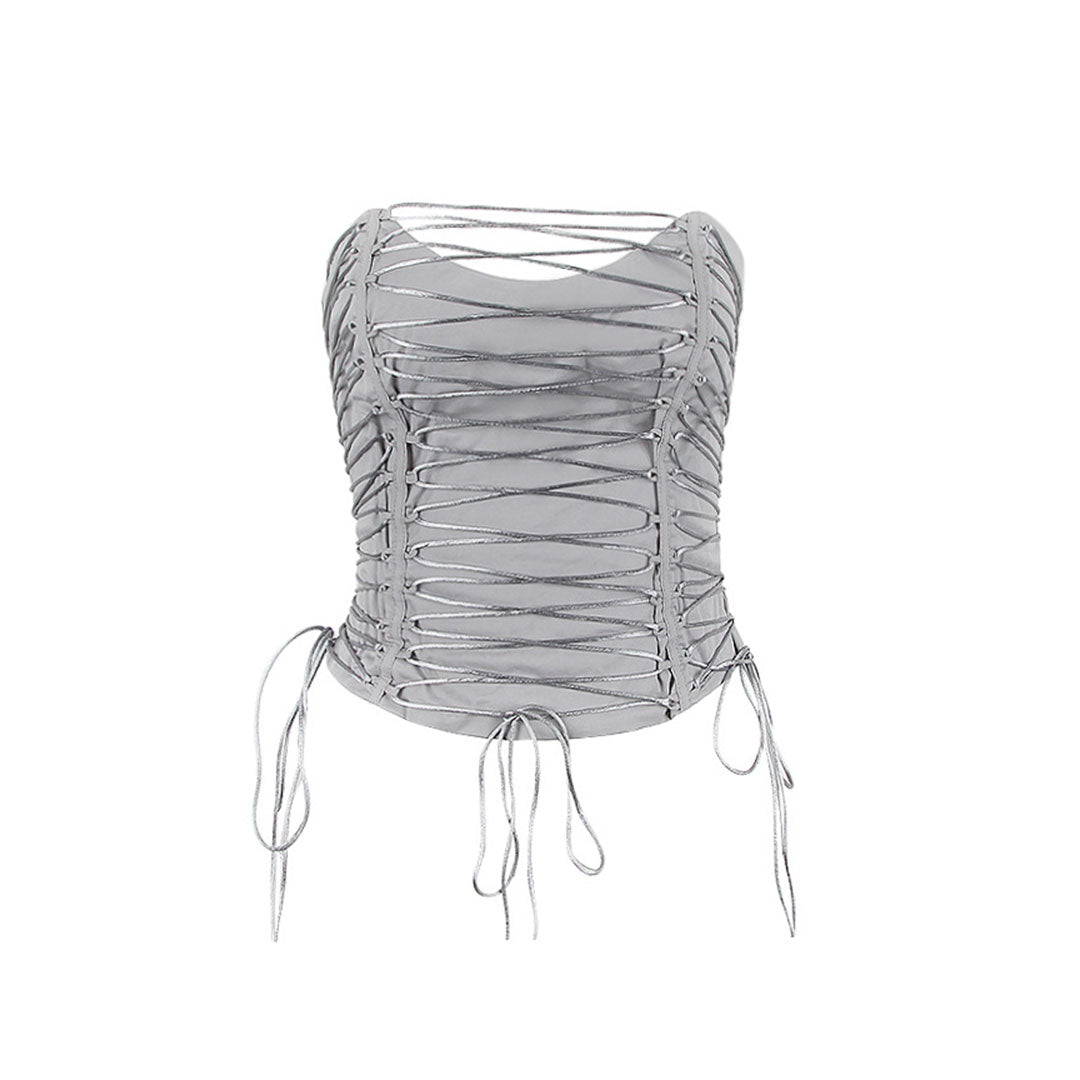 A gray strapless corset top with extensive silver lace-up detailing and ties at the hem, shown against a white background.