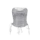 A gray strapless corset top with extensive silver lace-up detailing and ties at the hem, shown against a white background.