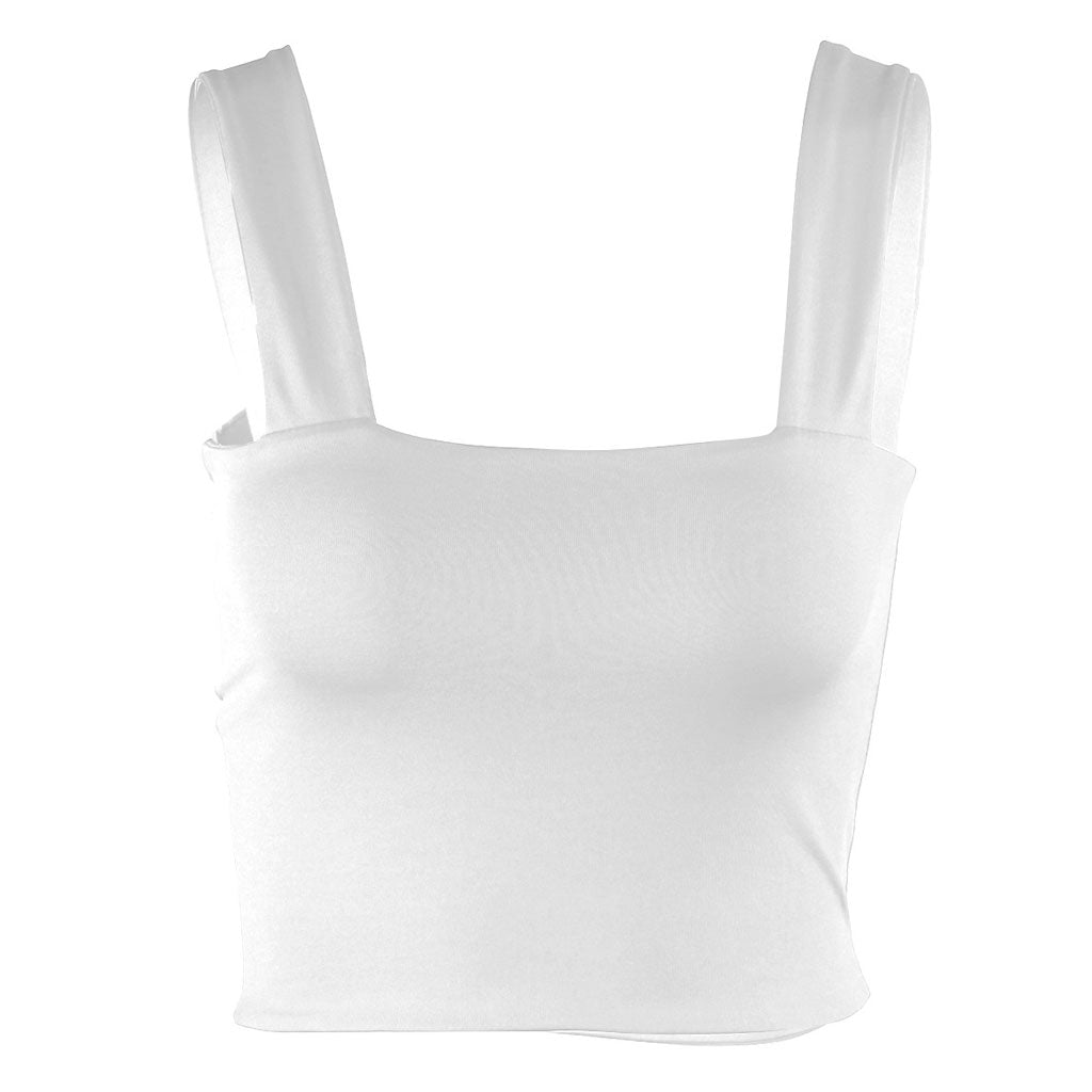 A white crop top with wide straps and a square neckline is shown from the front.