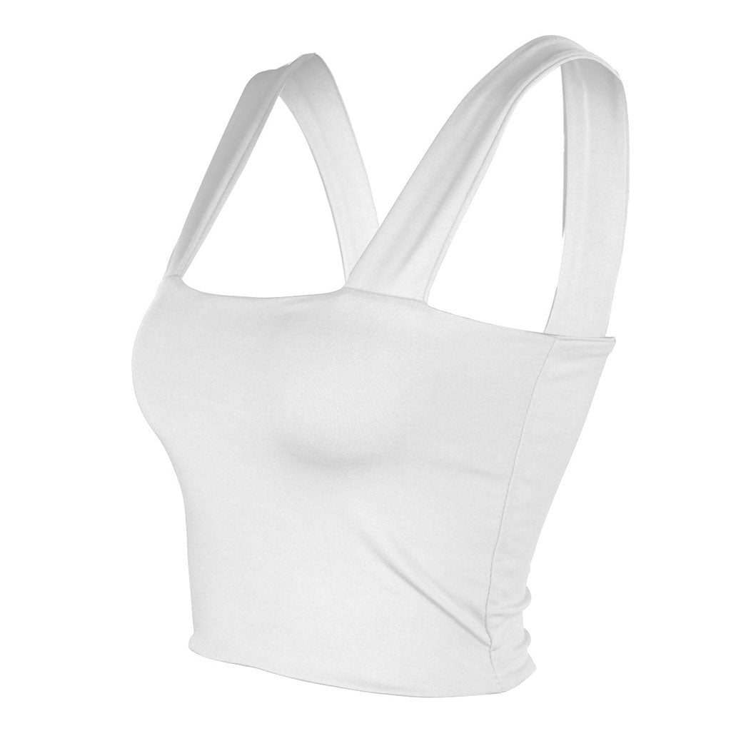 A white crop top with wide straps and a square neckline is shown from a side angle.