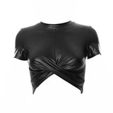 Product shot of a black faux leather cropped top with a twist front and short sleeves.