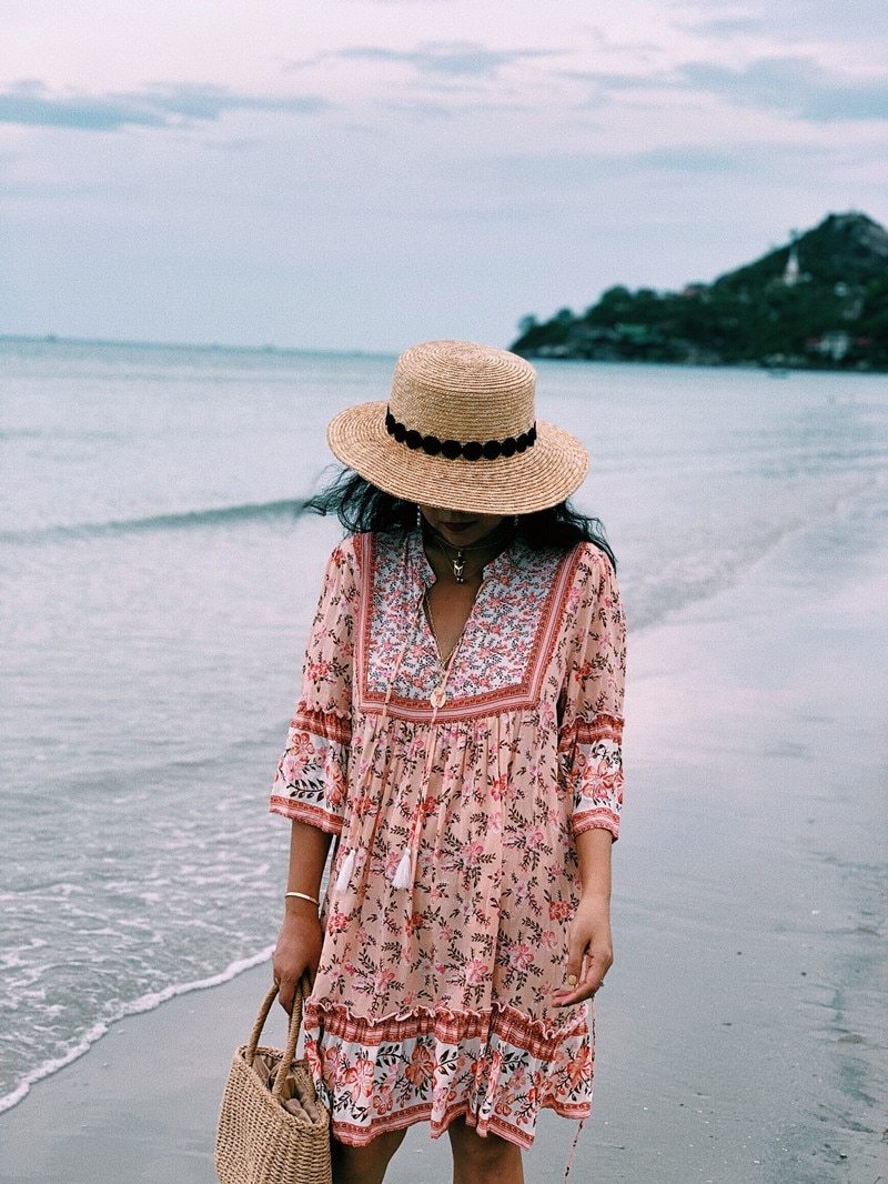 Boho floral print mini dress with bell sleeves and tassel detail - View 12 | Clistos