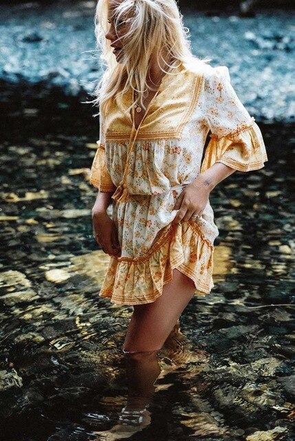 Boho floral print mini dress with bell sleeves and tassel detail - View 13 | Clistos