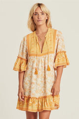 Boho floral print mini dress with bell sleeves and tassel detail - View 14 | Clistos