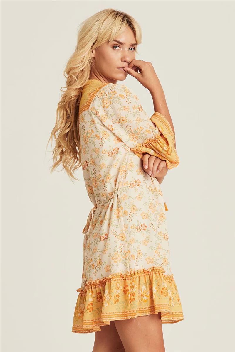 Boho floral print mini dress with bell sleeves and tassel detail - View 15 | Clistos