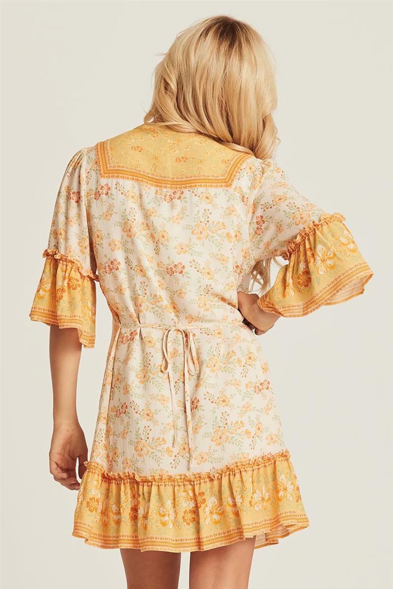 Boho floral print mini dress with bell sleeves and tassel detail - View 16 | Clistos