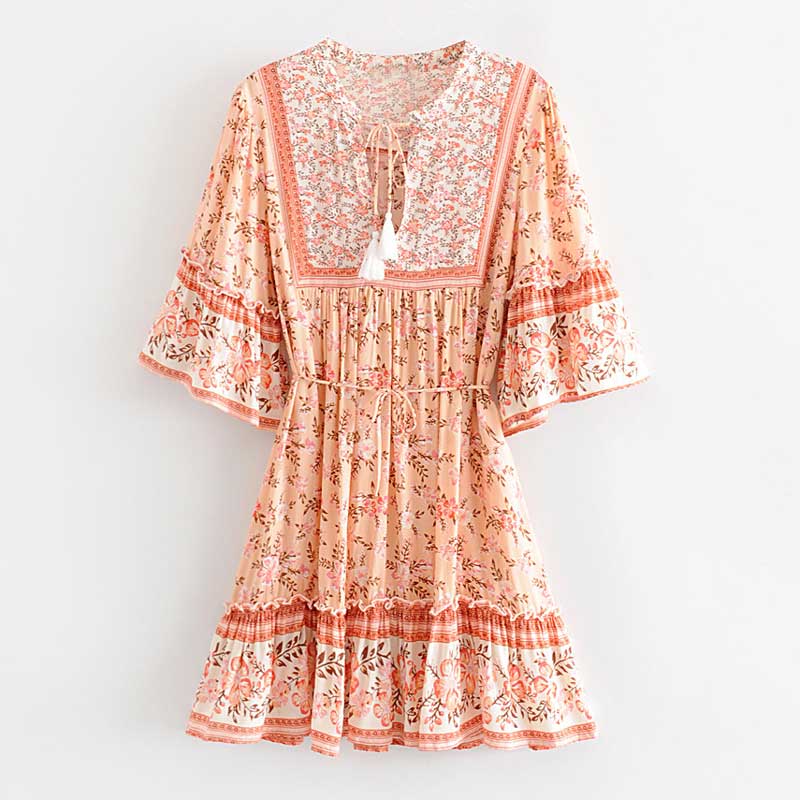 Boho floral print mini dress with bell sleeves and tassel detail - View 17 | Clistos