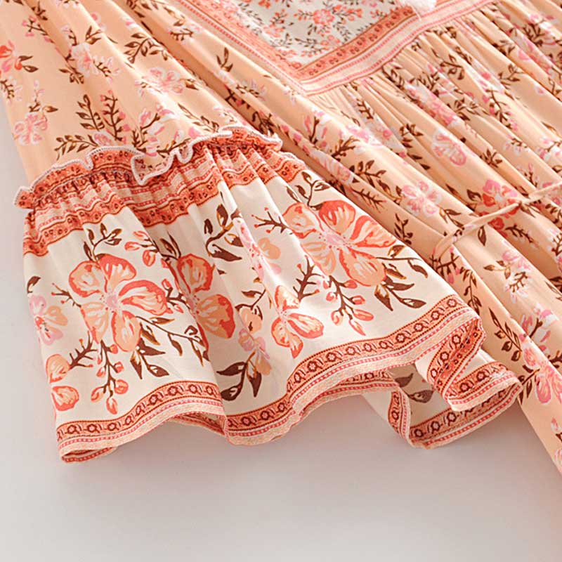 Boho floral print mini dress with bell sleeves and tassel detail - View 23 | Clistos