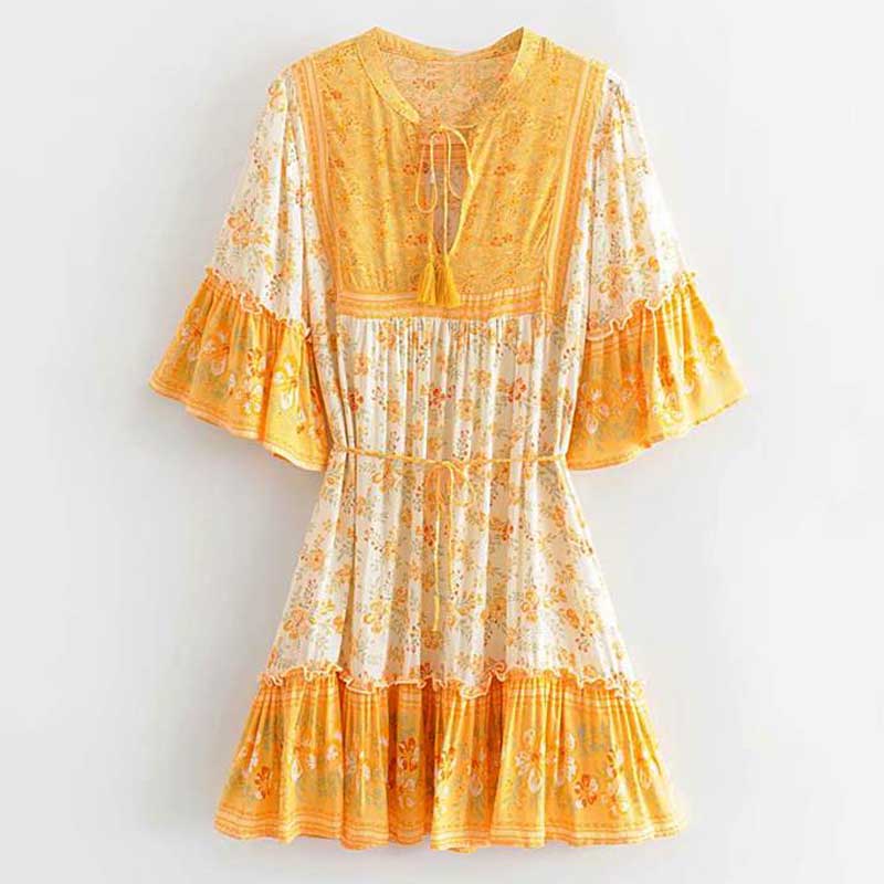 Boho floral print mini dress with bell sleeves and tassel detail - View 25 | Clistos