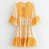 Boho floral print mini dress with bell sleeves and tassel detail - View 25 | Clistos