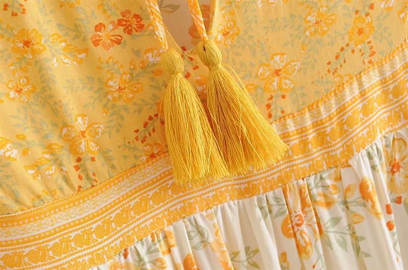 Boho floral print mini dress with bell sleeves and tassel detail - View 31 | Clistos