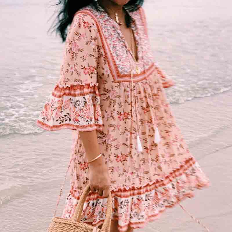 Boho floral print mini dress with bell sleeves and tassel detail - View 6 | Clistos