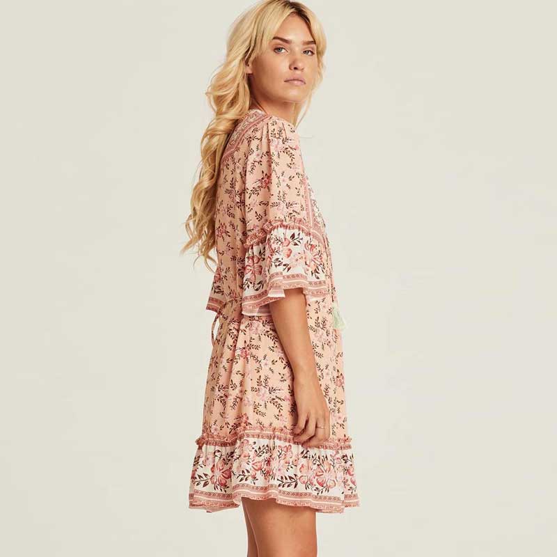 Boho floral print mini dress with bell sleeves and tassel detail - View 7 | Clistos