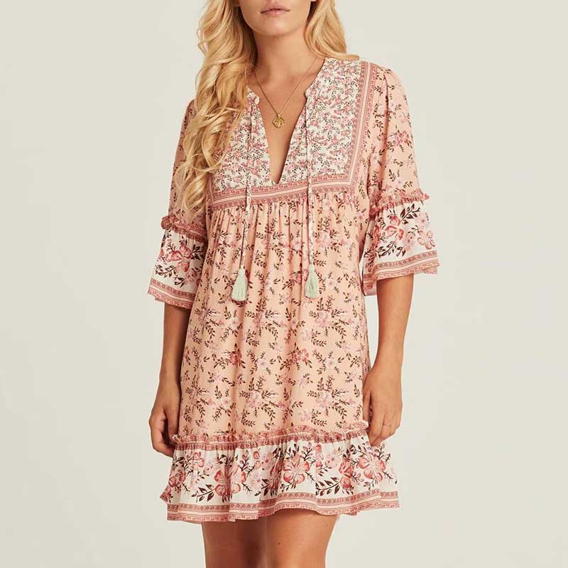 Boho floral print mini dress with bell sleeves and tassel detail - View 8 | Clistos