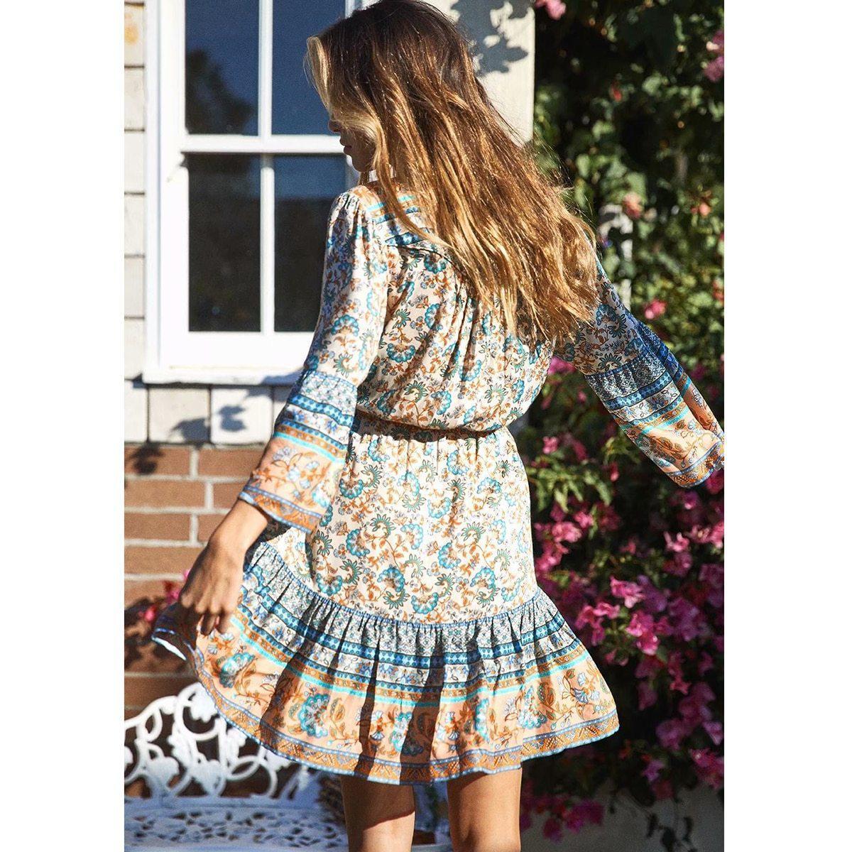 Boho floral bell sleeve mini dress - View 6 | Clistos