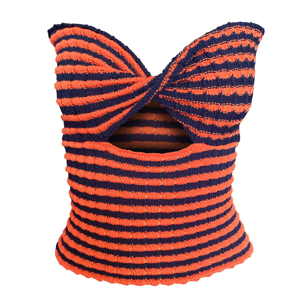 A blue and orange striped knit halter top with a twisted front and cutout detail, shown on a white background.