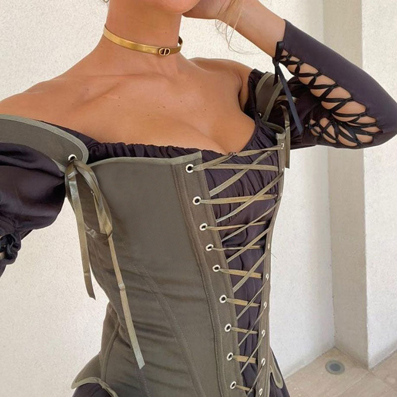 Close-up of a woman's torso wearing a brown and black corset dress