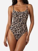 woman wearing a leopard print one-piece swimsuit from the front